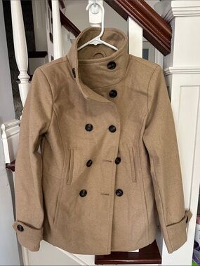 Womens Double-Breasted Peacoat Jacket in Tan